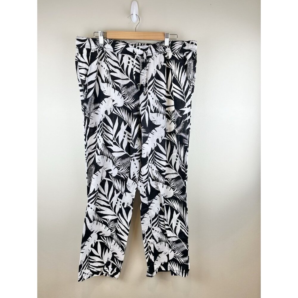 Serra Linen Blend Pants Women’s Sz XL Tropical‎ Print Black White Pull On Crop
